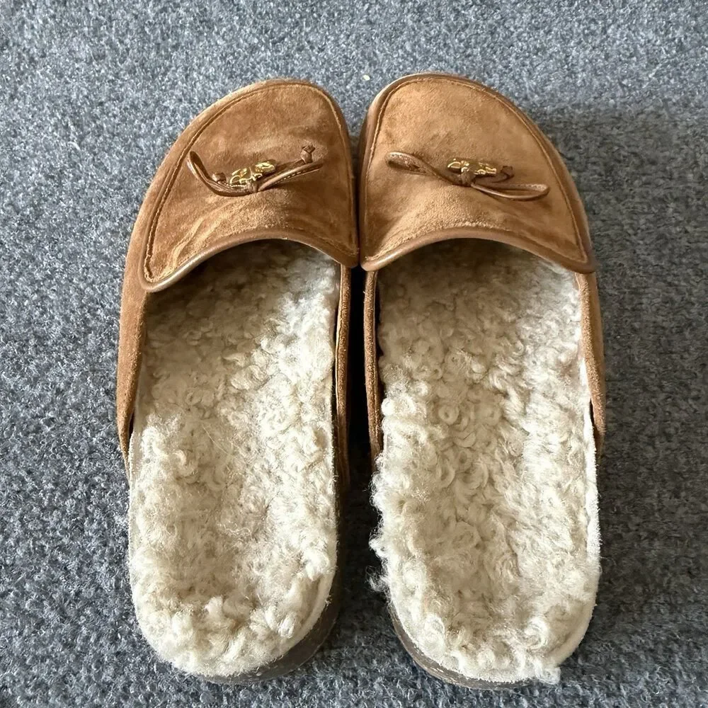 Tory Burch Tory Charm Suede Shearling Mules Toasted Caramel Cozy Clog Slipper 9